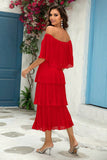 Red Off The Shoulder Tiered Flowy A Line Bridesmaid Dress
