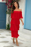 Red Off The Shoulder Tiered Flowy A Line Bridesmaid Dress