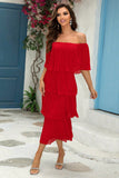 Red Off The Shoulder Tiered Flowy A Line Bridesmaid Dress