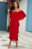 Red Off The Shoulder Tiered Flowy A Line Bridesmaid Dress