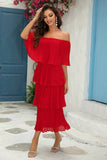 Red Off The Shoulder Tiered Flowy A Line Bridesmaid Dress