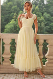 Leely Women A Line Yellow Bridesmaid Dress with Bow Spaghetti Straps Black Pleated Sweetheart Long Wedding Guest Dress