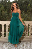 Pine Strapless Tulle Long A Line Ruffles Prom Dress