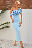 Sky Blue One Shoulder Sheath Maxi Bridesmaid Dress with Ruffles