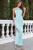 Mermaid Sky Blue Satin Maxi Bridesmaid Dress with Slit