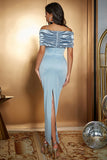 Mermaid Light Blue Off The Shoulder Ruched Satin Long Evening Dress