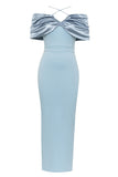 Mermaid Light Blue Off The Shoulder Ruched Satin Long Evening Dress