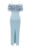 Mermaid Light Blue Off The Shoulder Ruched Satin Long Evening Dress