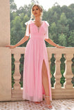 A Line Blush Pink Spaghetti Straps Maxi Bridesmaid Dress with Slit