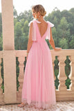 A Line Blush Pink Spaghetti Straps Maxi Bridesmaid Dress with Slit