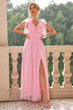 A Line Blush Pink Spaghetti Straps Maxi Bridesmaid Dress with Slit