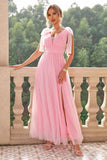 A Line Blush Pink Spaghetti Straps Maxi Bridesmaid Dress with Slit