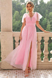 A Line Blush Pink Spaghetti Straps Maxi Bridesmaid Dress with Slit