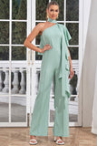 Mint One Shoulder Long Pleated Prom Jumpsuits