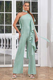 Mint One Shoulder Long Pleated Prom Jumpsuits