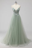 Saprkly Green Sequin A Line Lace Up Back Maxi Prom Dress