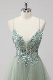 Saprkly Green Sequin A Line Lace Up Back Maxi Prom Dress