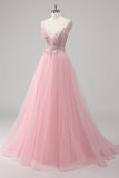 Sparkly Pink A Line Sequin Tulle Maxi Prom Dress