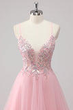Sparkly Pink A Line Sequin Tulle Maxi Prom Dress