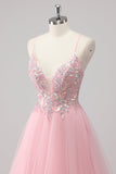 Sparkly Pink A Line Sequin Tulle Maxi Prom Dress