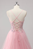 Sparkly Pink A Line Sequin Tulle Maxi Prom Dress