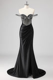 Sparkly Black Mermaid Beaded Maxi Prom Dress with Slit