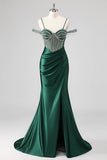 Sparkly Dark Green Mermaid Beaded Cold Shoulder Maxi Prom Dress with Slit