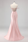 Sparkly Mermaid Cold Shoulder Beaded Maxi Pink Prom Dress with Slit