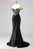 Sparkly Black Mermaid Beaded Maxi Prom Dress with Slit