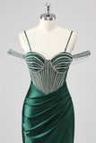 Sparkly Dark Green Mermaid Beaded Cold Shoulder Maxi Prom Dress with Slit