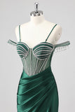 Sparkly Dark Green Mermaid Beaded Cold Shoulder Maxi Prom Dress with Slit