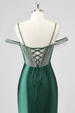 Sparkly Dark Green Mermaid Beaded Cold Shoulder Maxi Prom Dress with Slit