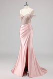 Sparkly Mermaid Cold Shoulder Beaded Maxi Pink Prom Dress with Slit