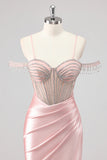 Sparkly Mermaid Cold Shoulder Beaded Maxi Pink Prom Dress with Slit