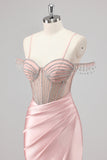 Sparkly Mermaid Cold Shoulder Beaded Maxi Pink Prom Dress with Slit