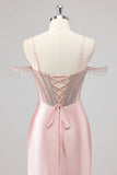 Sparkly Mermaid Cold Shoulder Beaded Maxi Pink Prom Dress with Slit