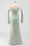 Sage Green Ruched Sheath Satin Bridesmaid Dress with Bows
