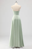 Sage Green Spaghetti Straps Satin A Line Bridesmaid Dress