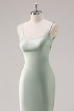 Sage Green Satin Scoop Neck Mermaid Maxi Bridesmaid Dress