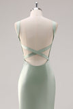Sage Green Satin Scoop Neck Mermaid Maxi Bridesmaid Dress