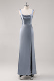 Sheath Grey Blue Satin Bridesmaid Dress with Slit