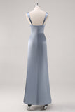 Sheath Grey Blue Satin Bridesmaid Dress with Slit