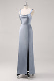 Sheath Grey Blue Satin Bridesmaid Dress with Slit