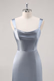 Sheath Grey Blue Satin Bridesmaid Dress with Slit