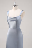 Sheath Grey Blue Satin Bridesmaid Dress with Slit