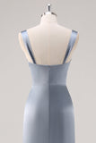 Sheath Grey Blue Satin Bridesmaid Dress with Slit