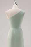 Satin Sage Green One Shoulder Bridesmaid Dress with Slit