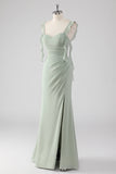 Sage Green Ruffled Sheath Long Bridesmaid Dress with Slit