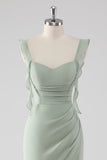 Sage Green Ruffled Sheath Long Bridesmaid Dress with Slit
