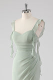 Sage Green Ruffled Sheath Long Bridesmaid Dress with Slit